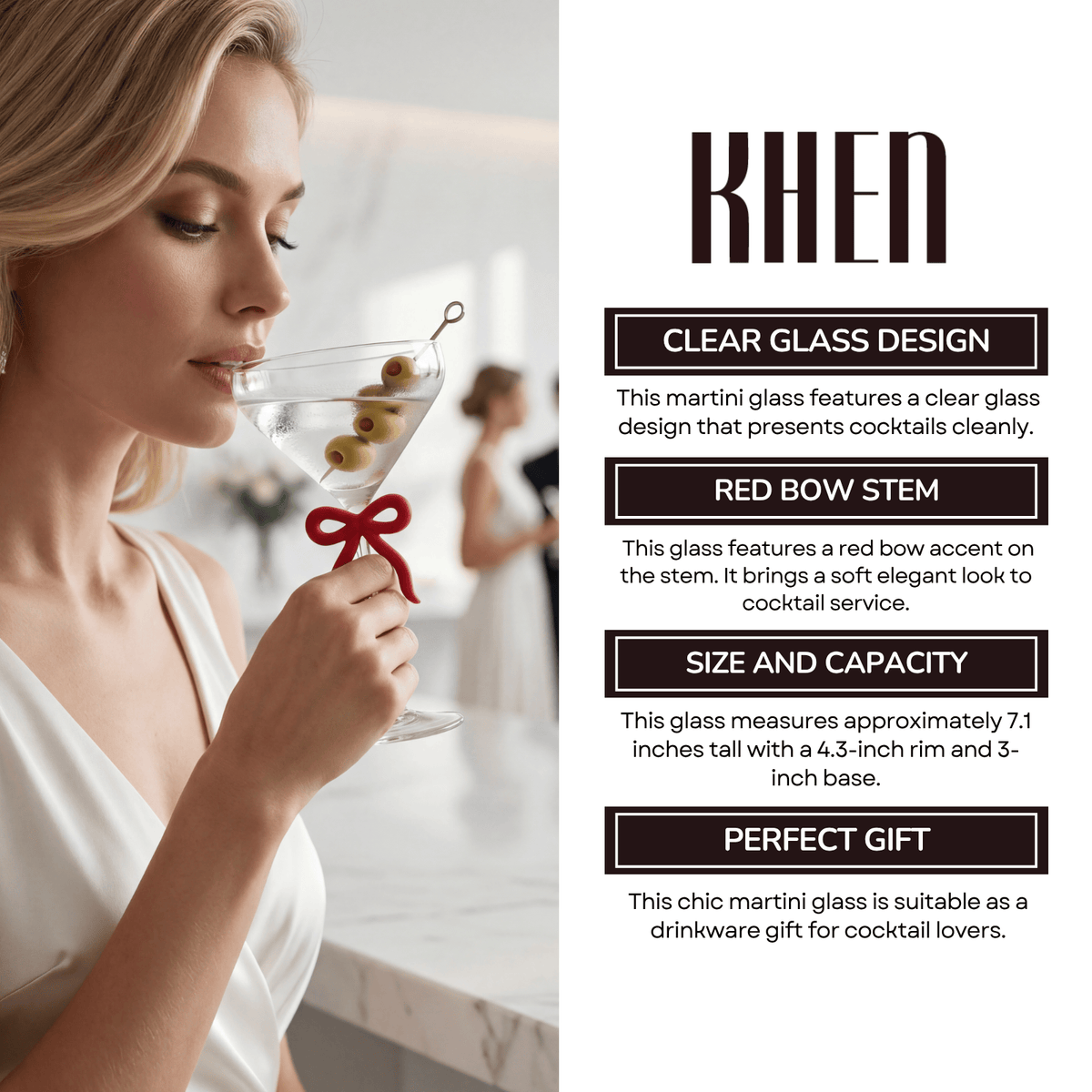 Single Clear Martini Glass with Red Bow on Stem, One Piece | 10.8 oz | Glass | Cocktail Glass
