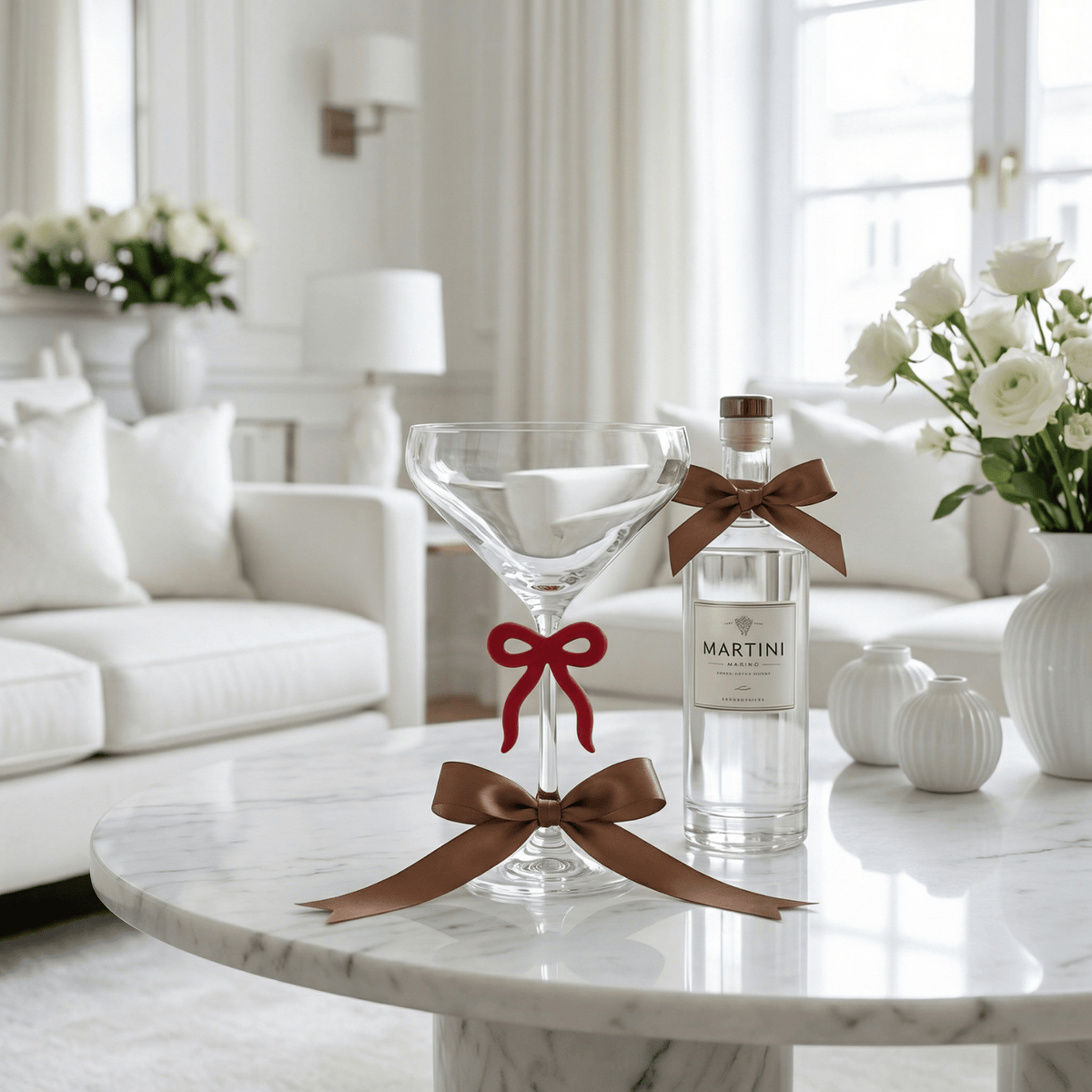 Single Clear Martini Glass with Red Bow on Stem, One Piece | 10.8 oz | Glass | Cocktail Glass