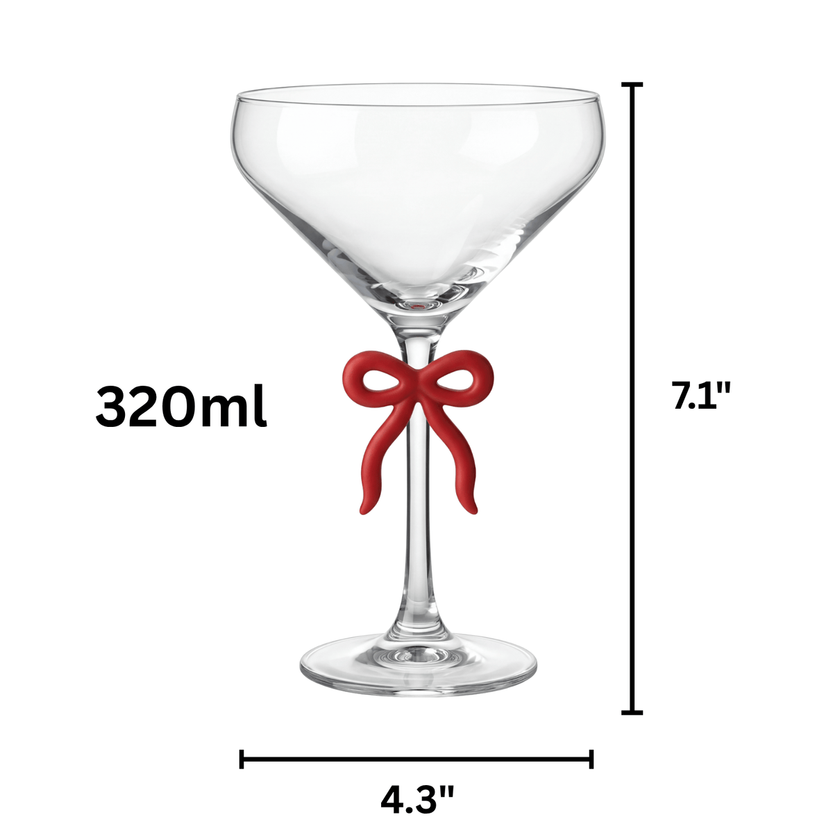 Single Clear Martini Glass with Red Bow on Stem, One Piece | 10.8 oz | Glass | Cocktail Glass