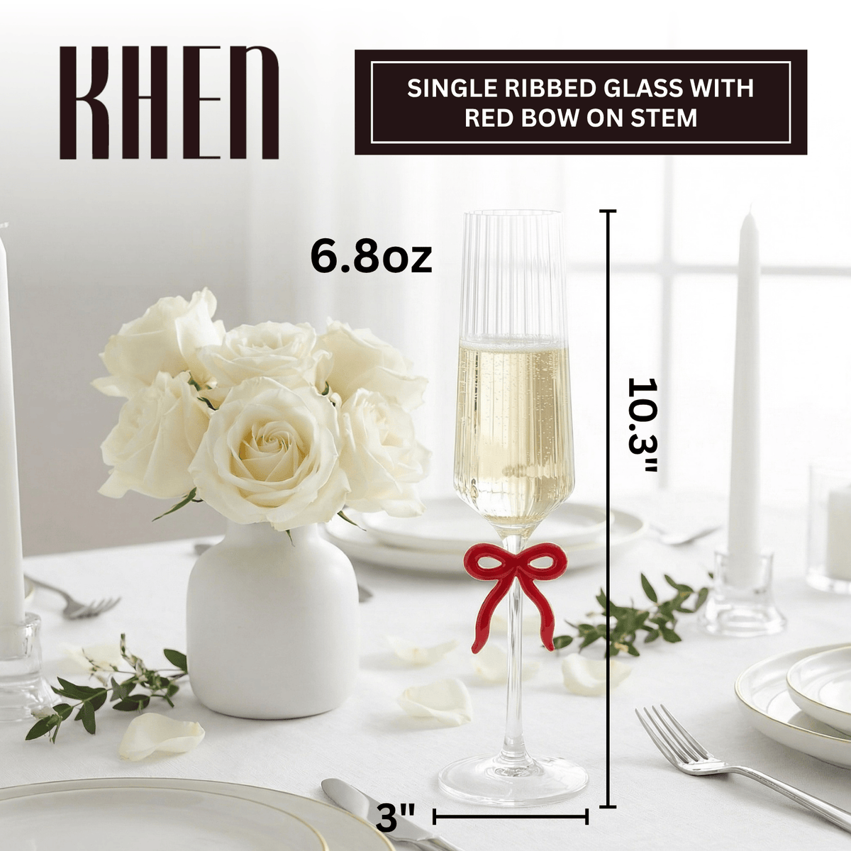 Single Ribbed Clear Champagne Glass with Red Bow on Stem | 6.8 oz | Glass | Entertaining