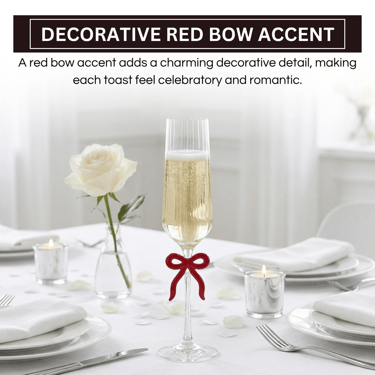 Single Ribbed Clear Champagne Glass with Red Bow on Stem | 6.8 oz | Glass | Entertaining