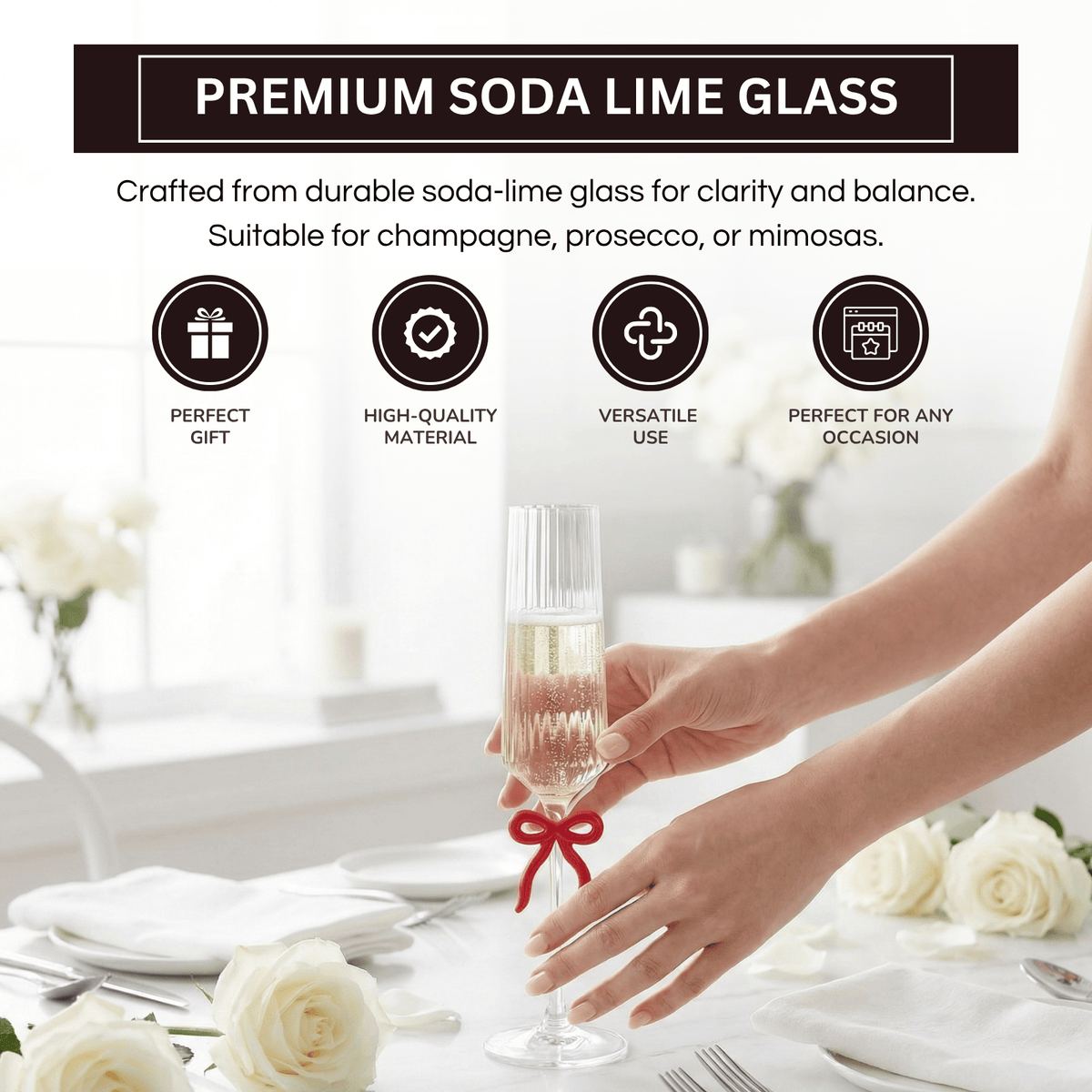 Single Ribbed Clear Champagne Glass with Red Bow on Stem | 6.8 oz | Glass | Entertaining