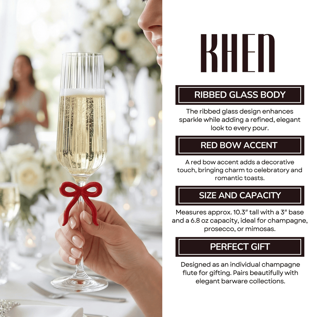 Single Ribbed Clear Champagne Glass with Red Bow on Stem | 6.8 oz | Glass | Entertaining