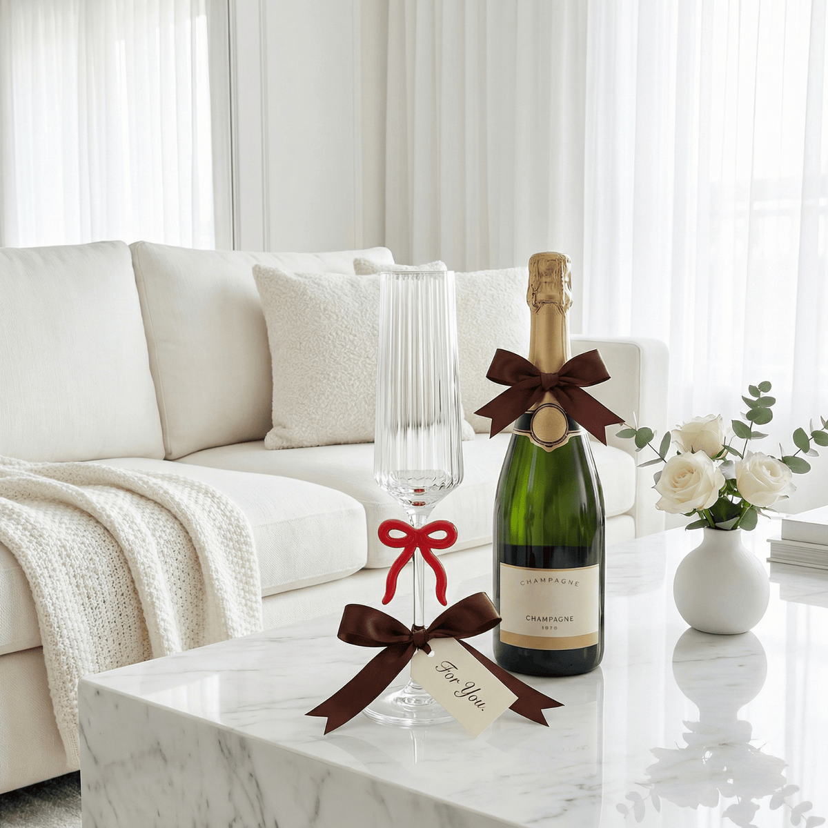 Single Ribbed Clear Champagne Glass with Red Bow on Stem | 6.8 oz | Glass | Entertaining