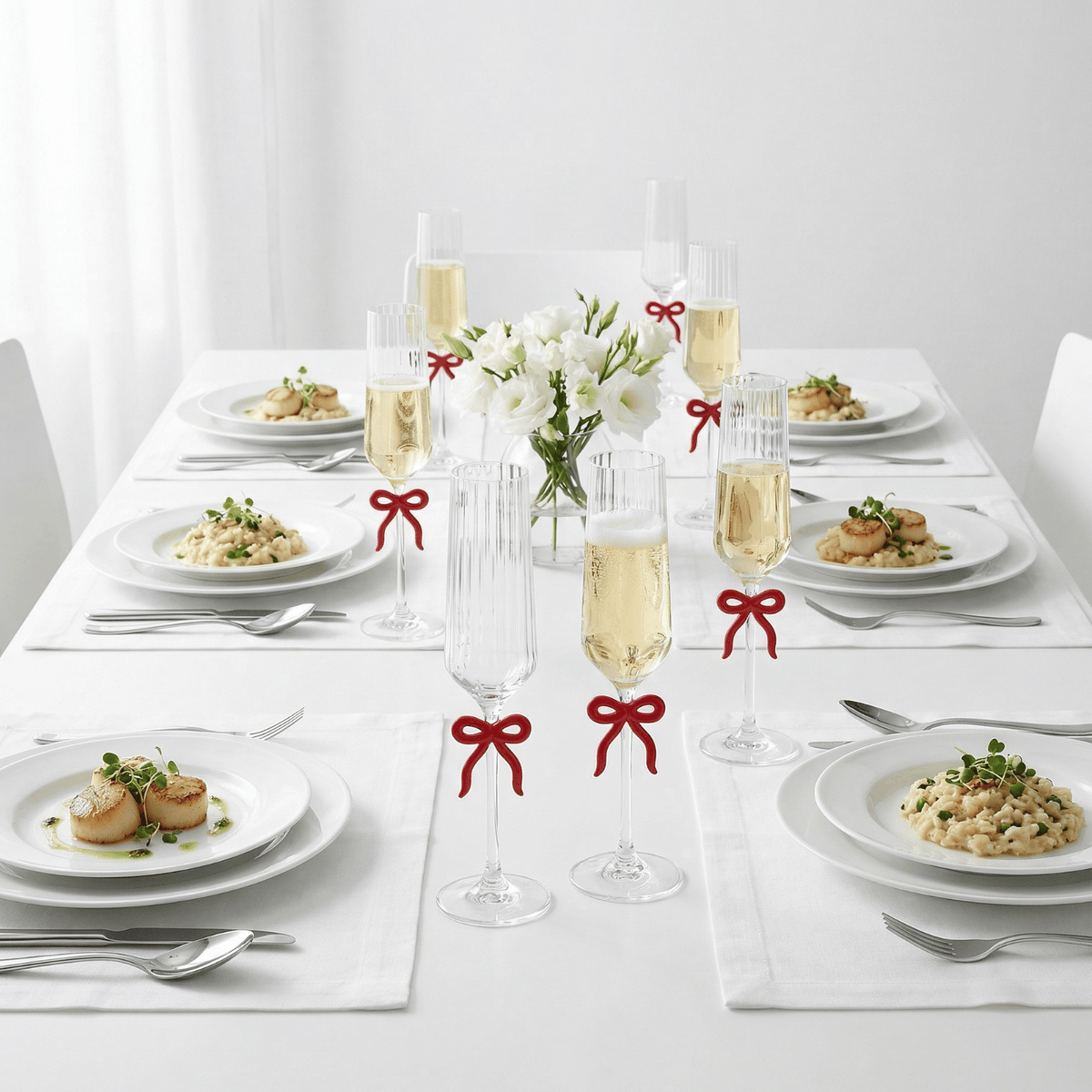 Single Ribbed Clear Champagne Glass with Red Bow on Stem | 6.8 oz | Glass | Entertaining