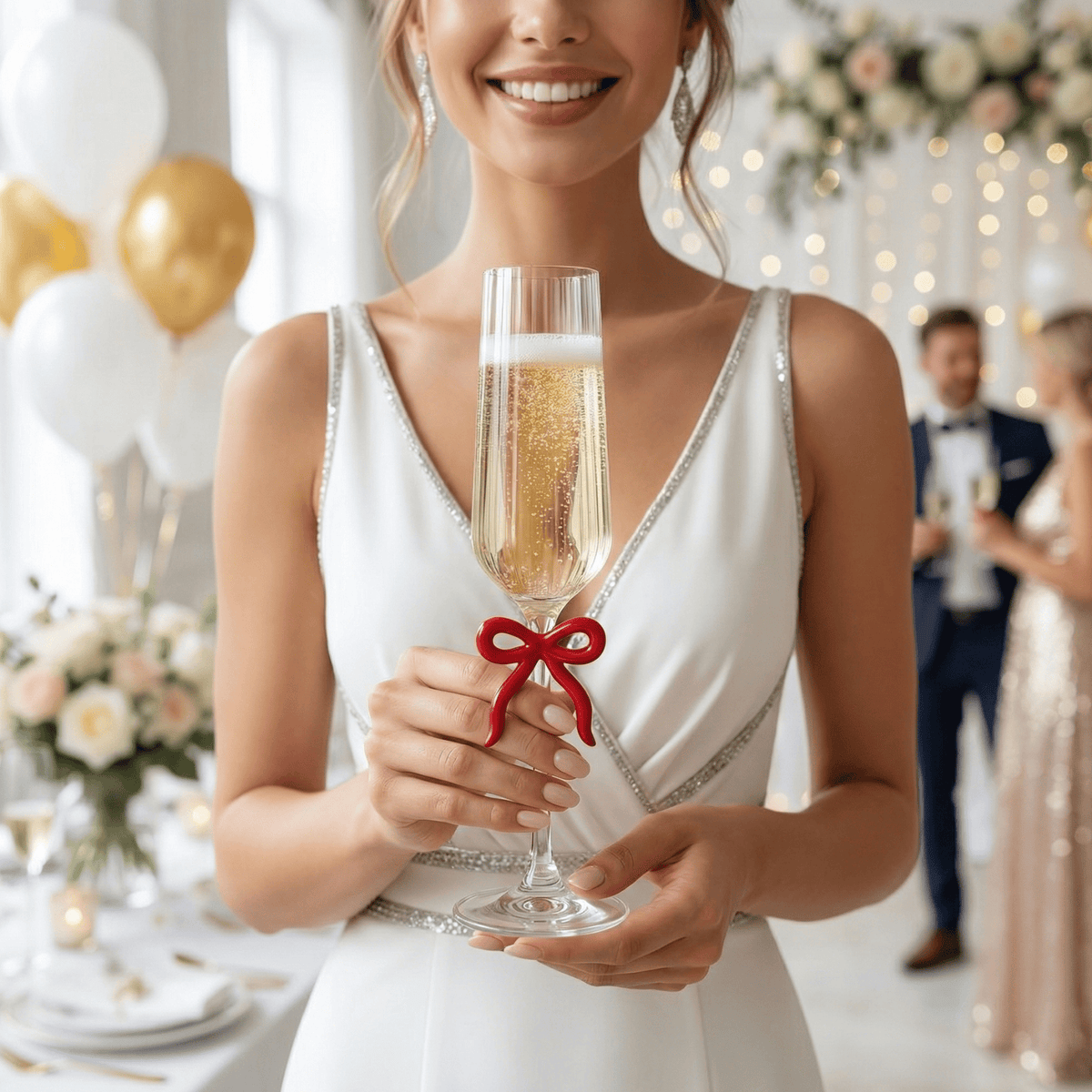Single Ribbed Clear Champagne Glass with Red Bow on Stem | 6.8 oz | Glass | Entertaining