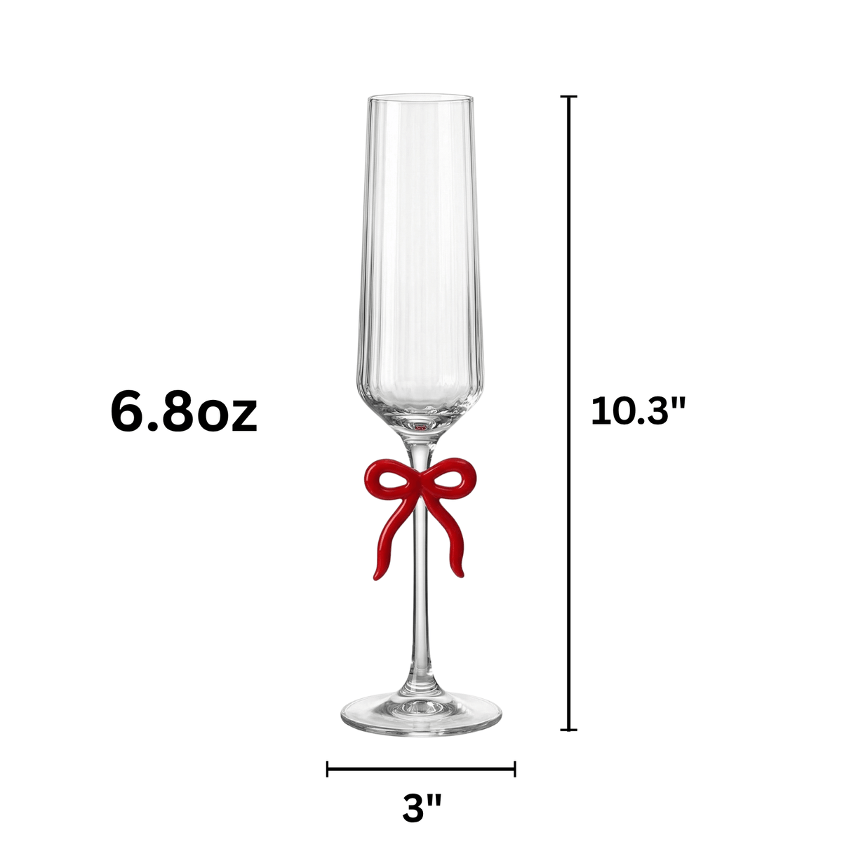 Single Ribbed Clear Champagne Glass with Red Bow on Stem | 6.8 oz | Glass | Entertaining