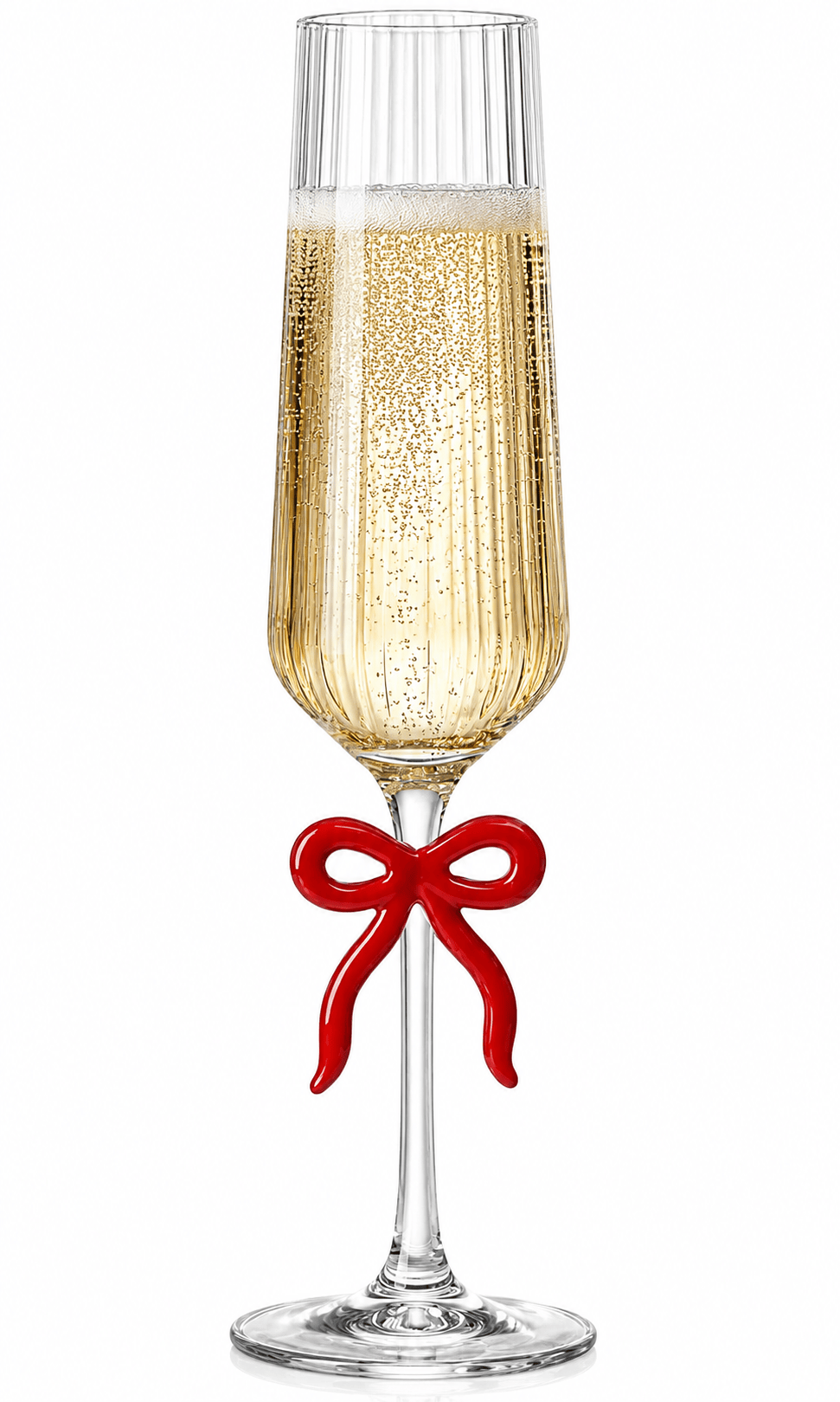 Single Ribbed Clear Champagne Glass with Red Bow on Stem | 6.8 oz | Glass | Entertaining