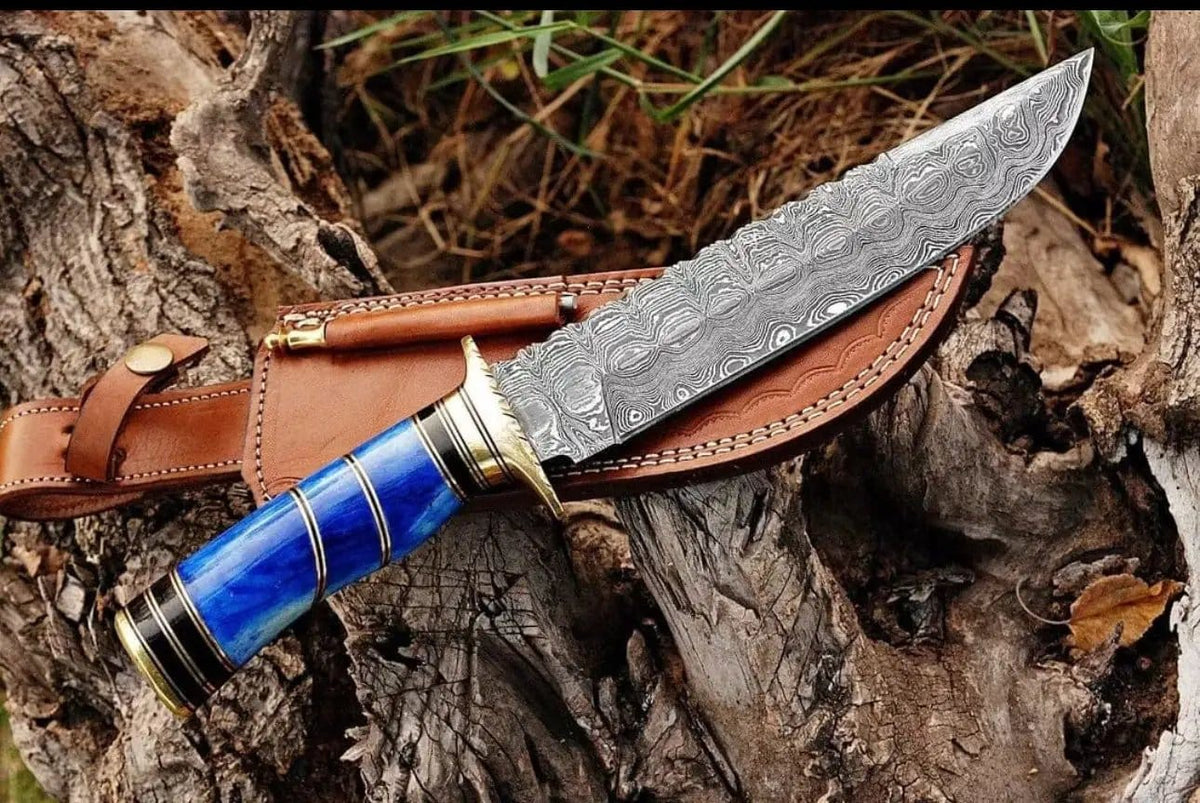Premium Custom Handmade Damascus Steel Bowie Knife | Brass Guard & Color Bone Handle | Damascus Steel | Hunting & Survival Knife | Home