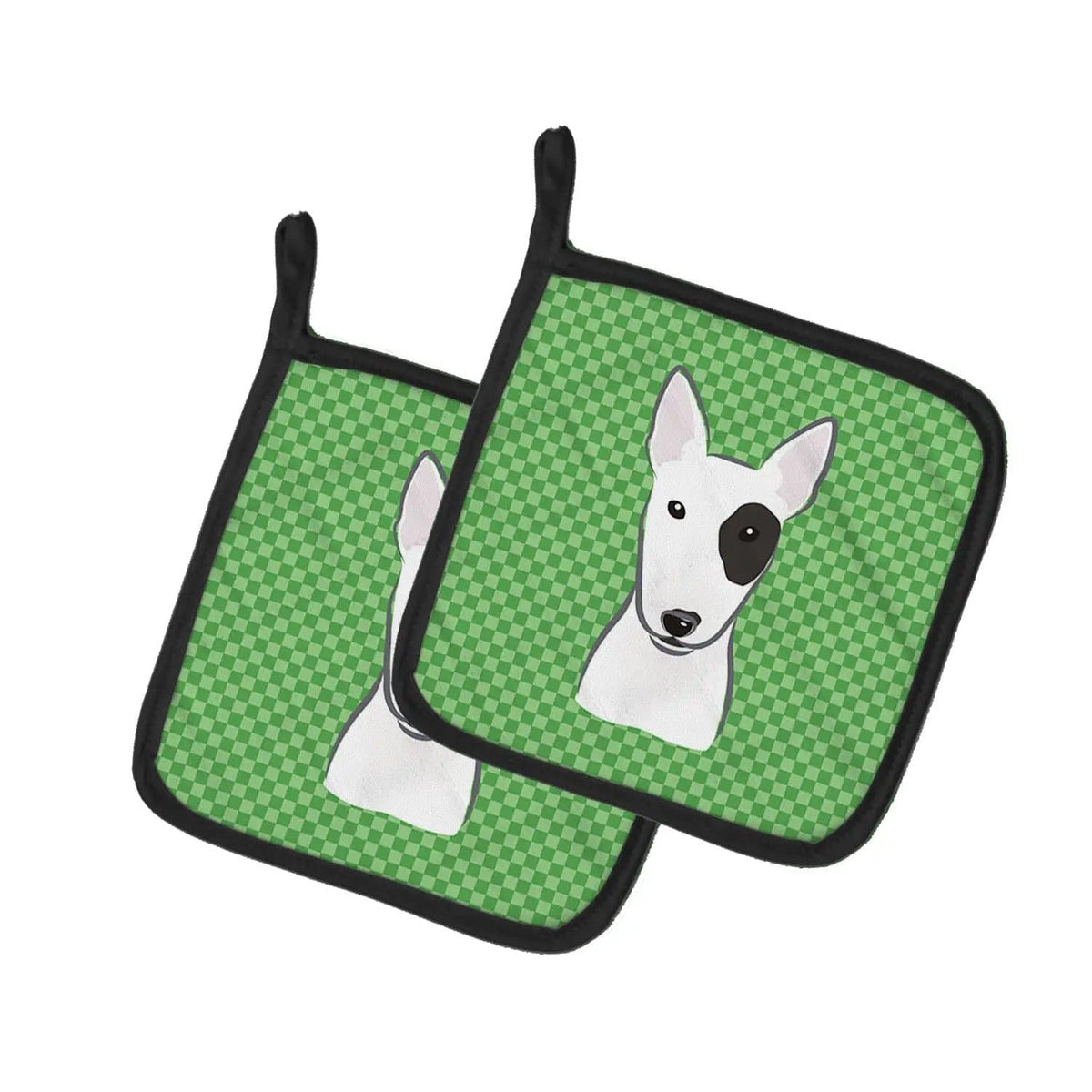 Pot Holder Set of 2 | Heat Resistant Quilted Hot Pads | 7.5 x 7.5 Inch | Green Checkered Bull Terrier