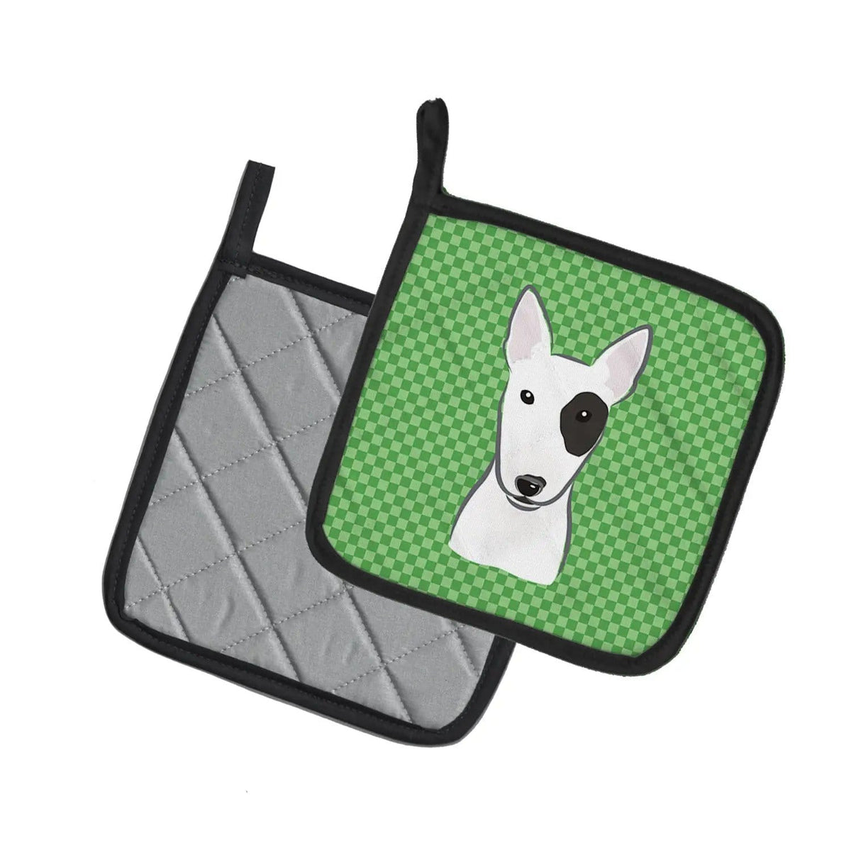 Pot Holder Set of 2 | Heat Resistant Quilted Hot Pads | 7.5 x 7.5 Inch | Green Checkered Bull Terrier