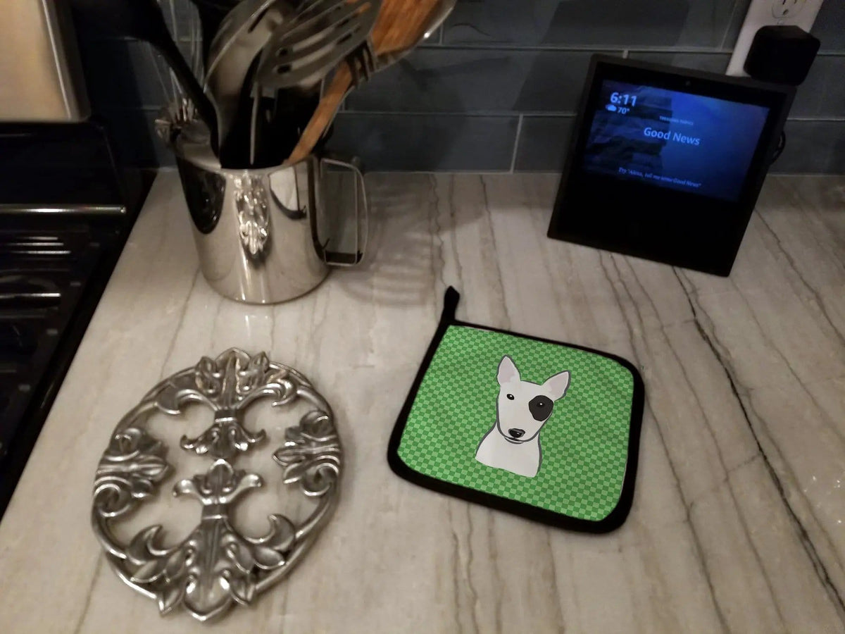 Pot Holder Set of 2 | Heat Resistant Quilted Hot Pads | 7.5 x 7.5 Inch | Green Checkered Bull Terrier