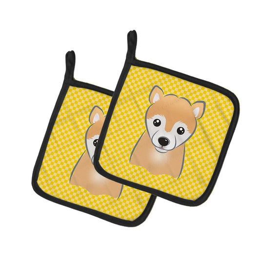 Pot Holder Set of 2 | Heat Resistant Quilted Hot Pads | 7.5 x 7.5 Inch | Yellow Checkered Shiba Inu