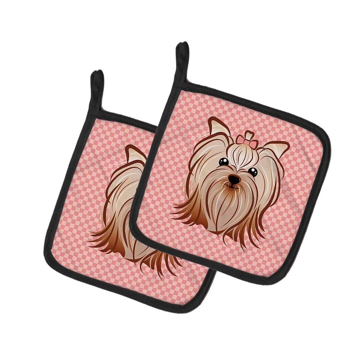 Pot Holder Set of 2 | Heat Resistant Quilted Hot Pads | 7.5 x 7.5 Inch | Pink Checkered Yorkie / Yorkshire Terrier