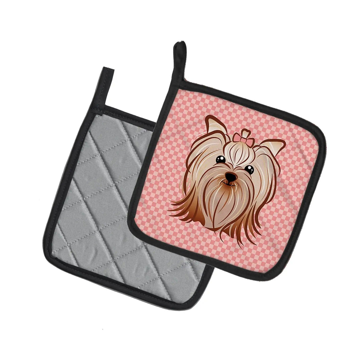 Pot Holder Set of 2 | Heat Resistant Quilted Hot Pads | 7.5 x 7.5 Inch | Pink Checkered Yorkie / Yorkshire Terrier