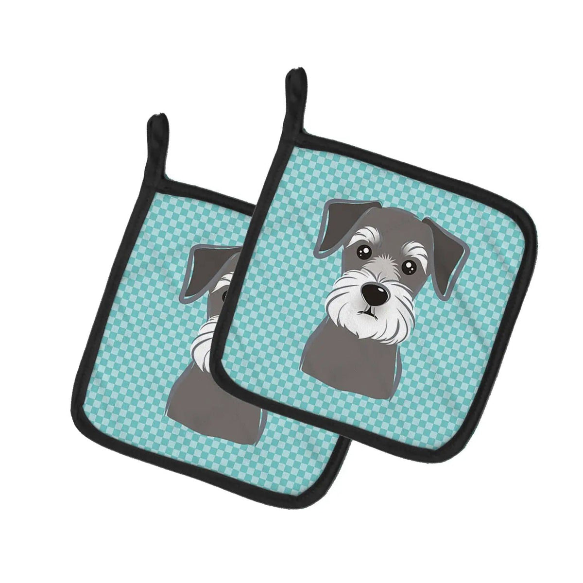 Pot Holder Set of 2 | Heat Resistant Quilted Hot Pads | 7.5 x 7.5 Inch | Checkerboard Blue Schnauzer