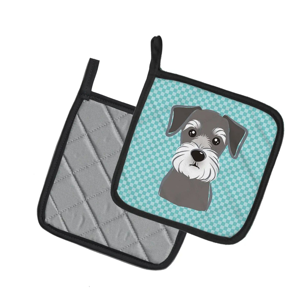Pot Holder Set of 2 | Heat Resistant Quilted Hot Pads | 7.5 x 7.5 Inch | Checkerboard Blue Schnauzer