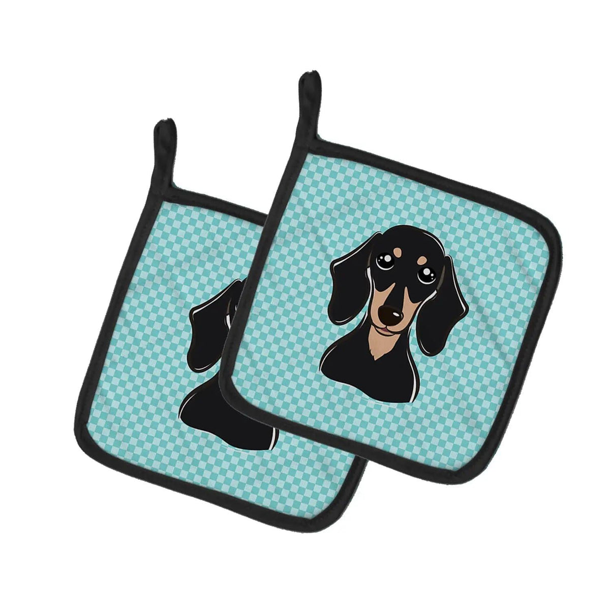 Pot Holder Set of 2 | Heat Resistant Quilted Hot Pads | 7.5 x 7.5 Inch | Checkerboard Blue Smooth Black and Tan Dachshund