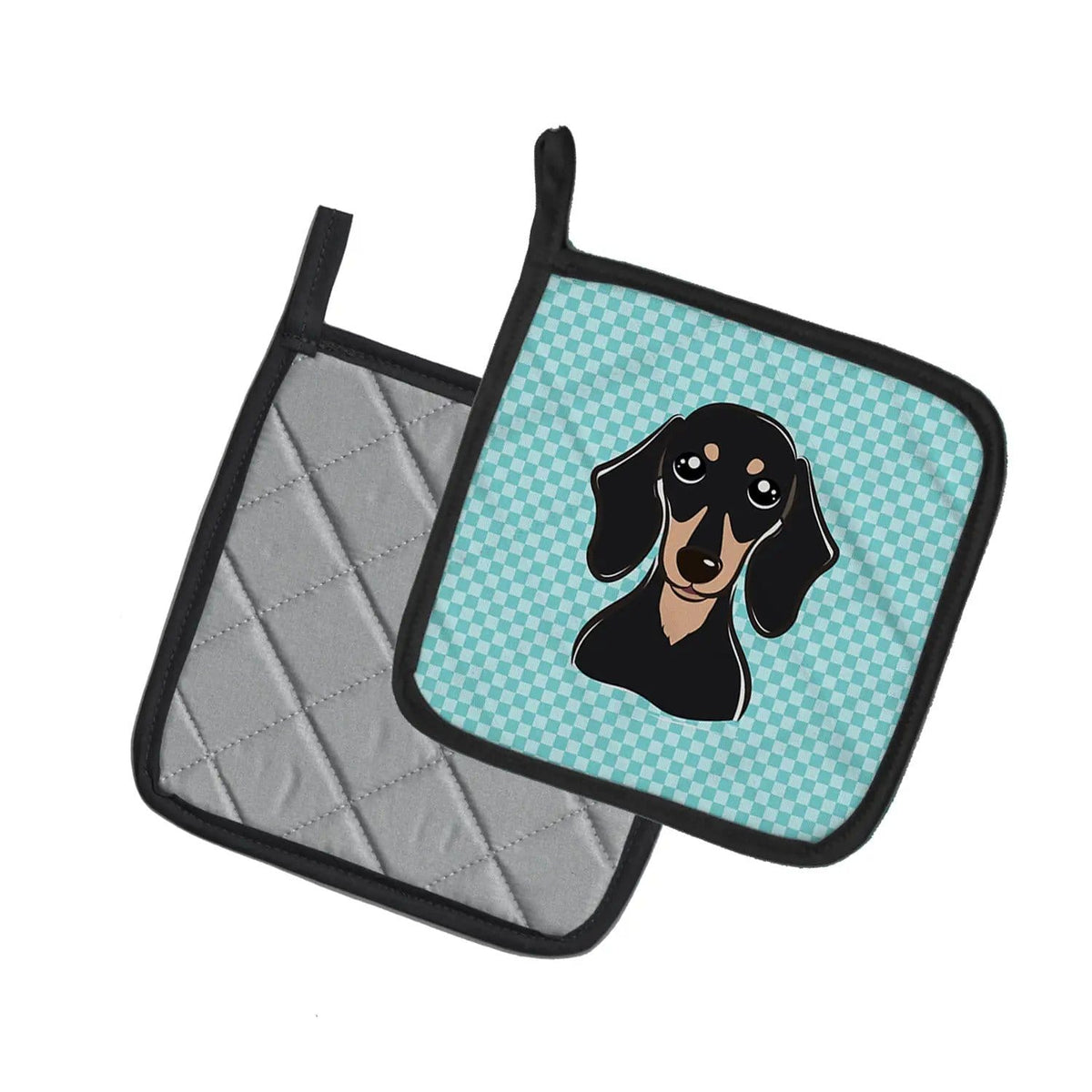 Pot Holder Set of 2 | Heat Resistant Quilted Hot Pads | 7.5 x 7.5 Inch | Checkerboard Blue Smooth Black and Tan Dachshund