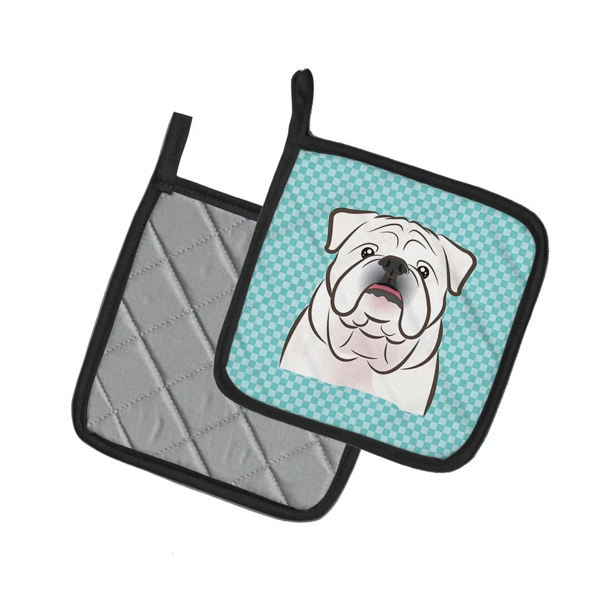 Pot Holder Set of 2 | Heat Resistant Quilted Hot Pads | 7.5 x 7.5 Inch | Checkerboard Blue White English Bulldog