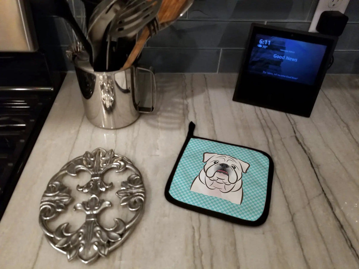 Pot Holder Set of 2 | Heat Resistant Quilted Hot Pads | 7.5 x 7.5 Inch | Checkerboard Blue White English Bulldog