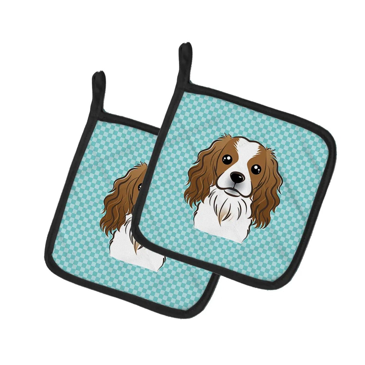 Pot Holder Set of 2 | Heat Resistant Quilted Hot Pads | 7.5 x 7.5 Inch | Checkerboard Blue Cavalier Spaniel