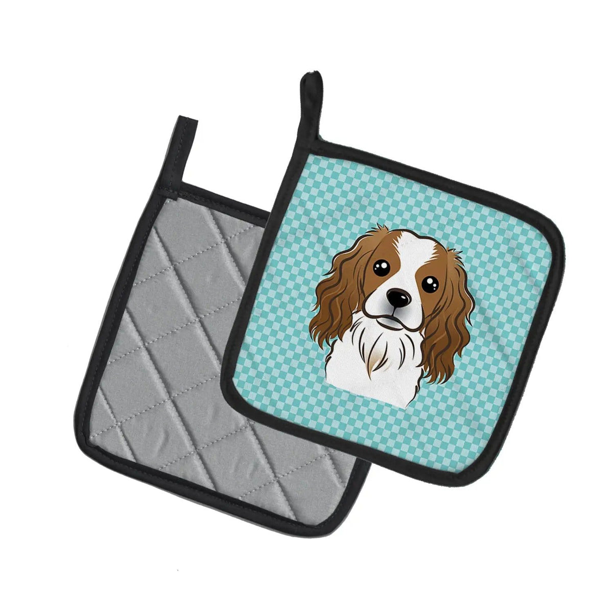 Pot Holder Set of 2 | Heat Resistant Quilted Hot Pads | 7.5 x 7.5 Inch | Checkerboard Blue Cavalier Spaniel