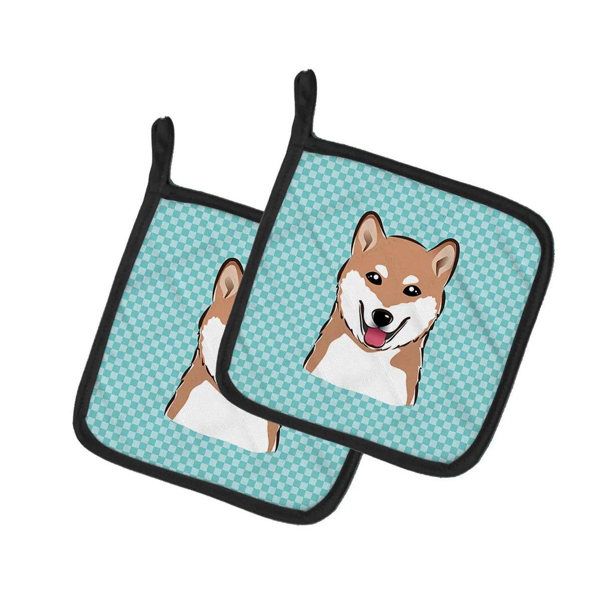 Pot Holder Set of 2 | Heat Resistant Quilted Hot Pads | 7.5 x 7.5 Inch | Checkerboard Blue Shiba Inu