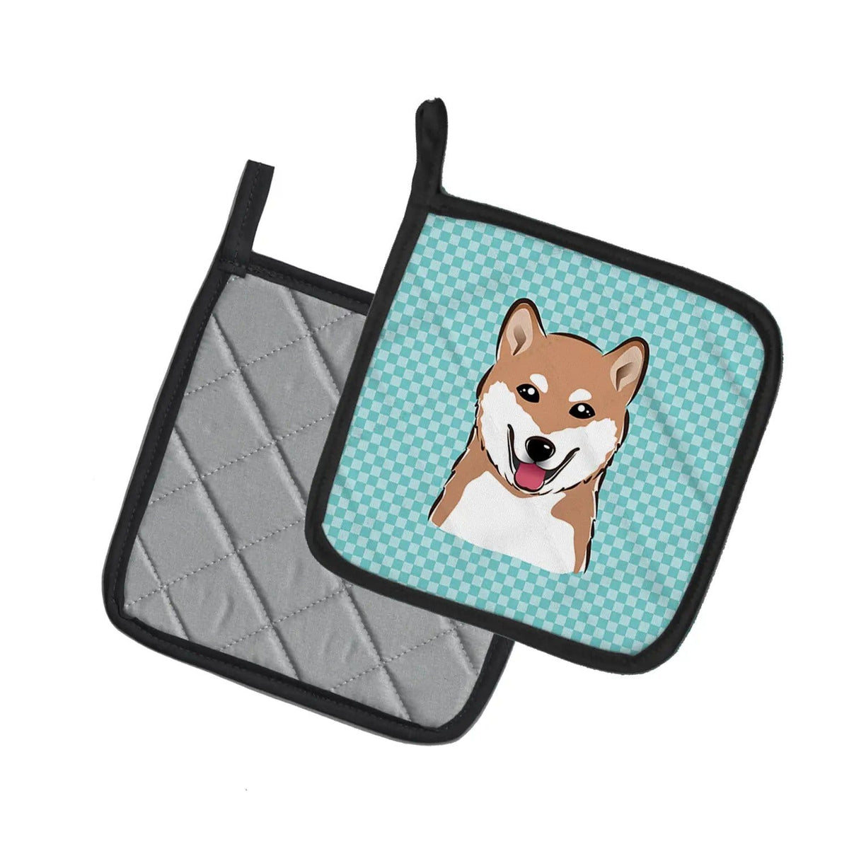 Pot Holder Set of 2 | Heat Resistant Quilted Hot Pads | 7.5 x 7.5 Inch | Checkerboard Blue Shiba Inu