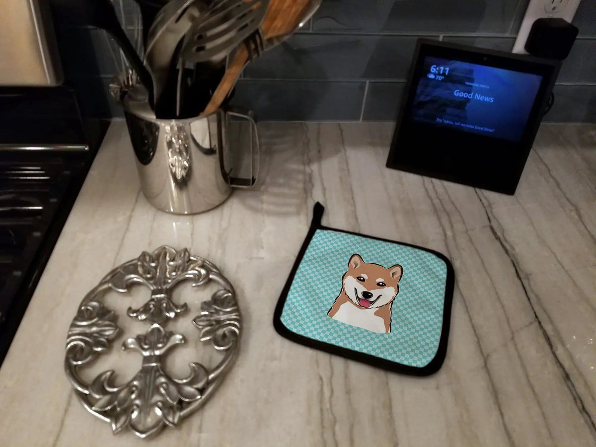 Pot Holder Set of 2 | Heat Resistant Quilted Hot Pads | 7.5 x 7.5 Inch | Checkerboard Blue Shiba Inu
