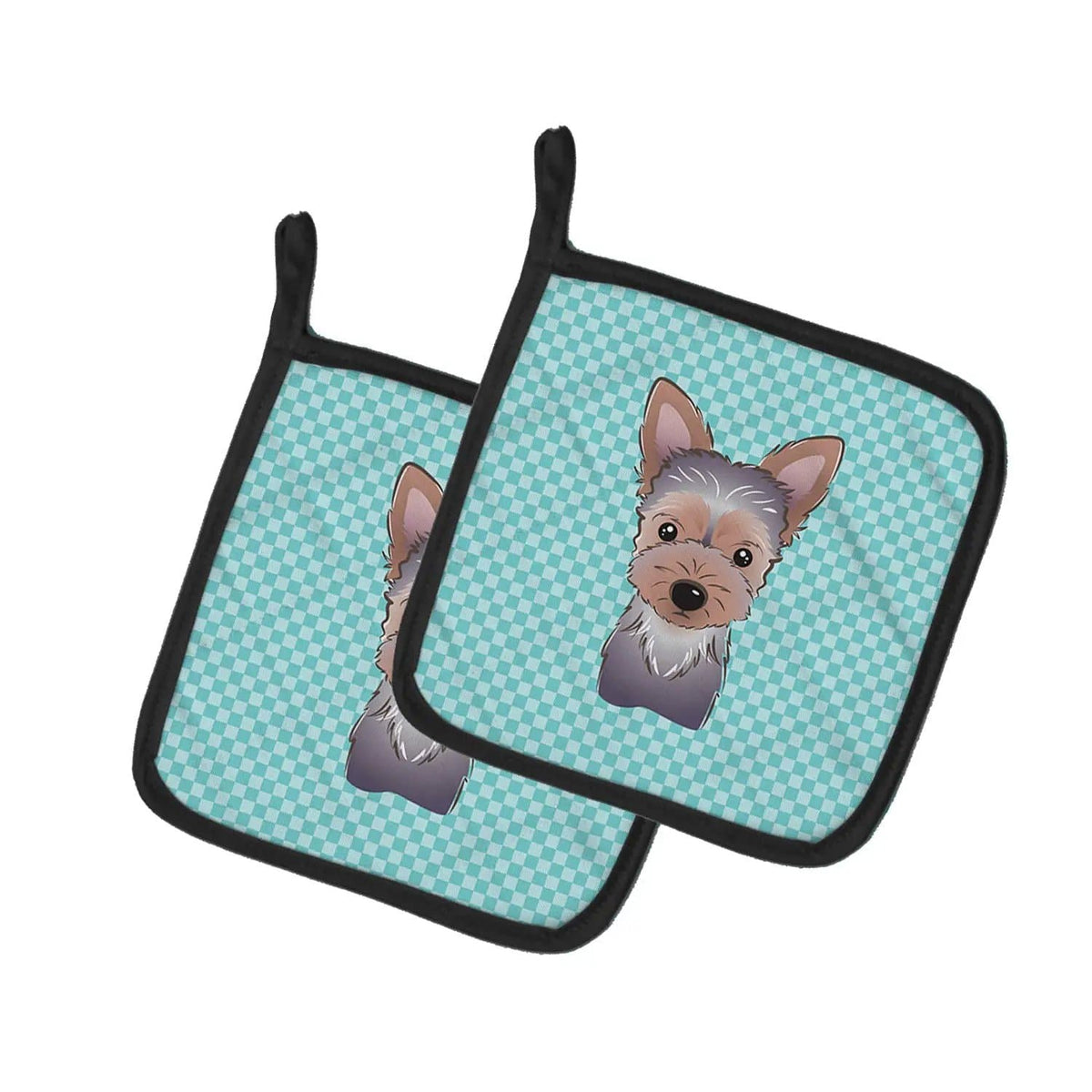 Pot Holder Set of 2 | Heat Resistant Quilted Hot Pads | 7.5 x 7.5 Inch | Checkerboard Blue Yorkie Puppy