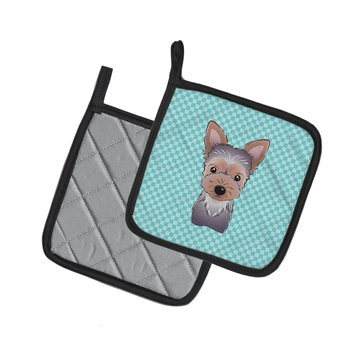 Pot Holder Set of 2 | Heat Resistant Quilted Hot Pads | 7.5 x 7.5 Inch | Checkerboard Blue Yorkie Puppy