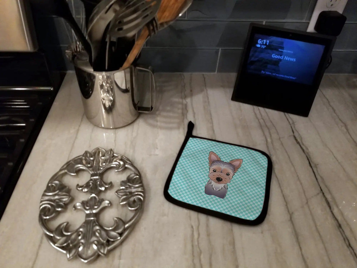 Pot Holder Set of 2 | Heat Resistant Quilted Hot Pads | 7.5 x 7.5 Inch | Checkerboard Blue Yorkie Puppy