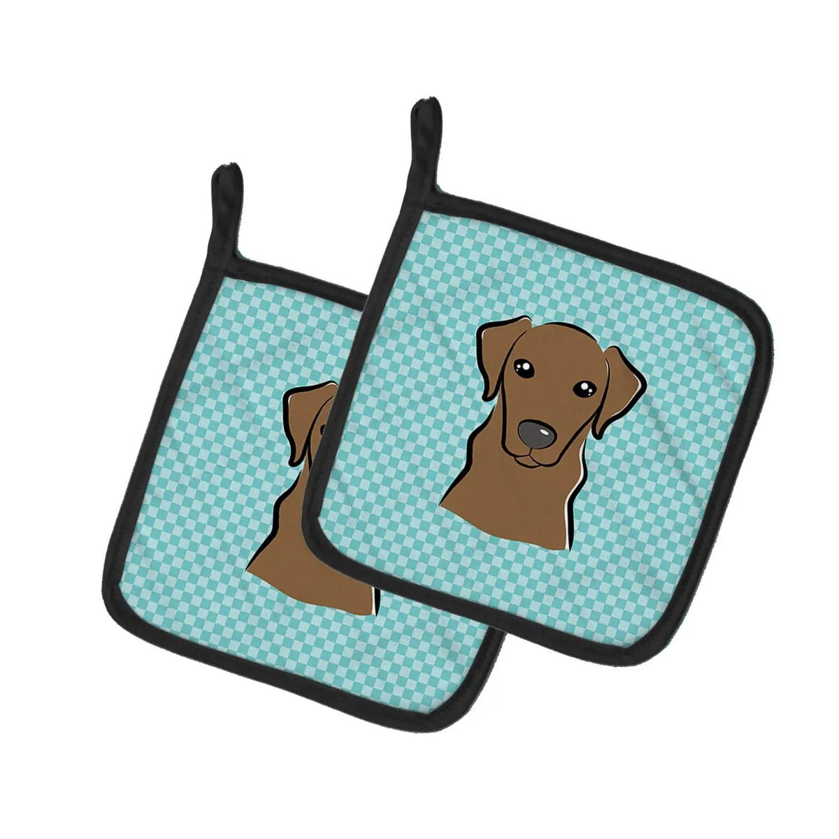 Pot Holder Set of 2 | Heat Resistant Quilted Hot Pads | 7.5 x 7.5 Inch | Checkerboard Blue Chocolate Labrador