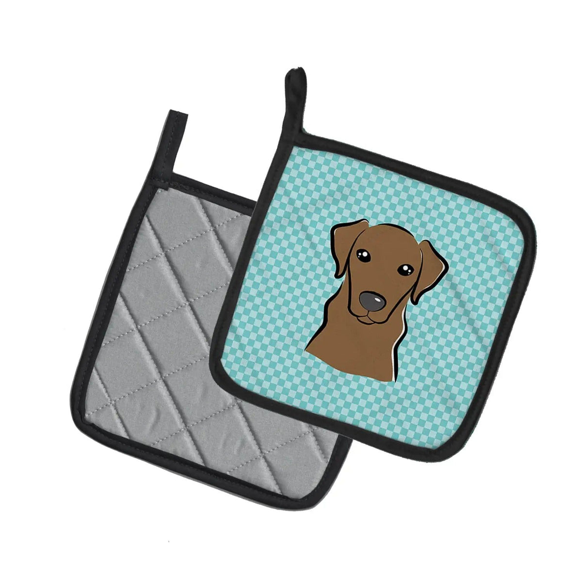 Pot Holder Set of 2 | Heat Resistant Quilted Hot Pads | 7.5 x 7.5 Inch | Checkerboard Blue Chocolate Labrador