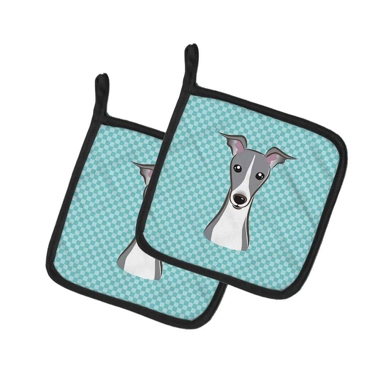 Pot Holder Set of 2 | Heat Resistant Quilted Hot Pads | 7.5 x 7.5 Inch | Checkerboard Blue Italian Greyhound