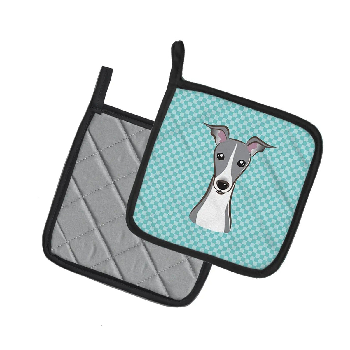 Pot Holder Set of 2 | Heat Resistant Quilted Hot Pads | 7.5 x 7.5 Inch | Checkerboard Blue Italian Greyhound