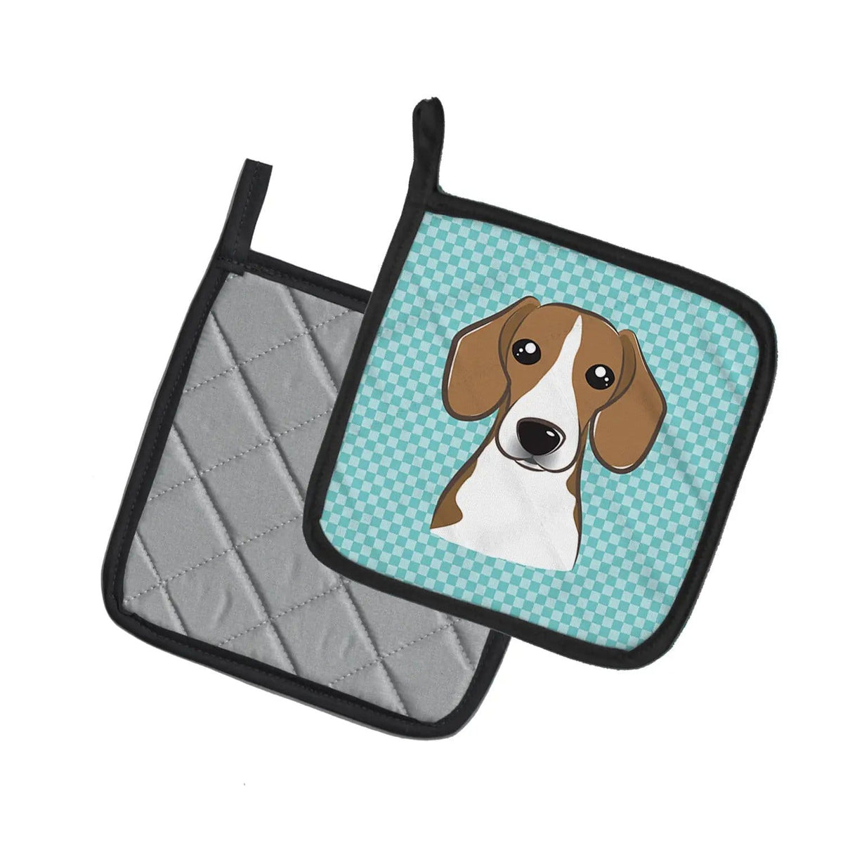 Pot Holder Set of 2 | Heat Resistant Quilted Hot Pads | 7.5 x 7.5 Inch | Checkerboard Blue Beagle