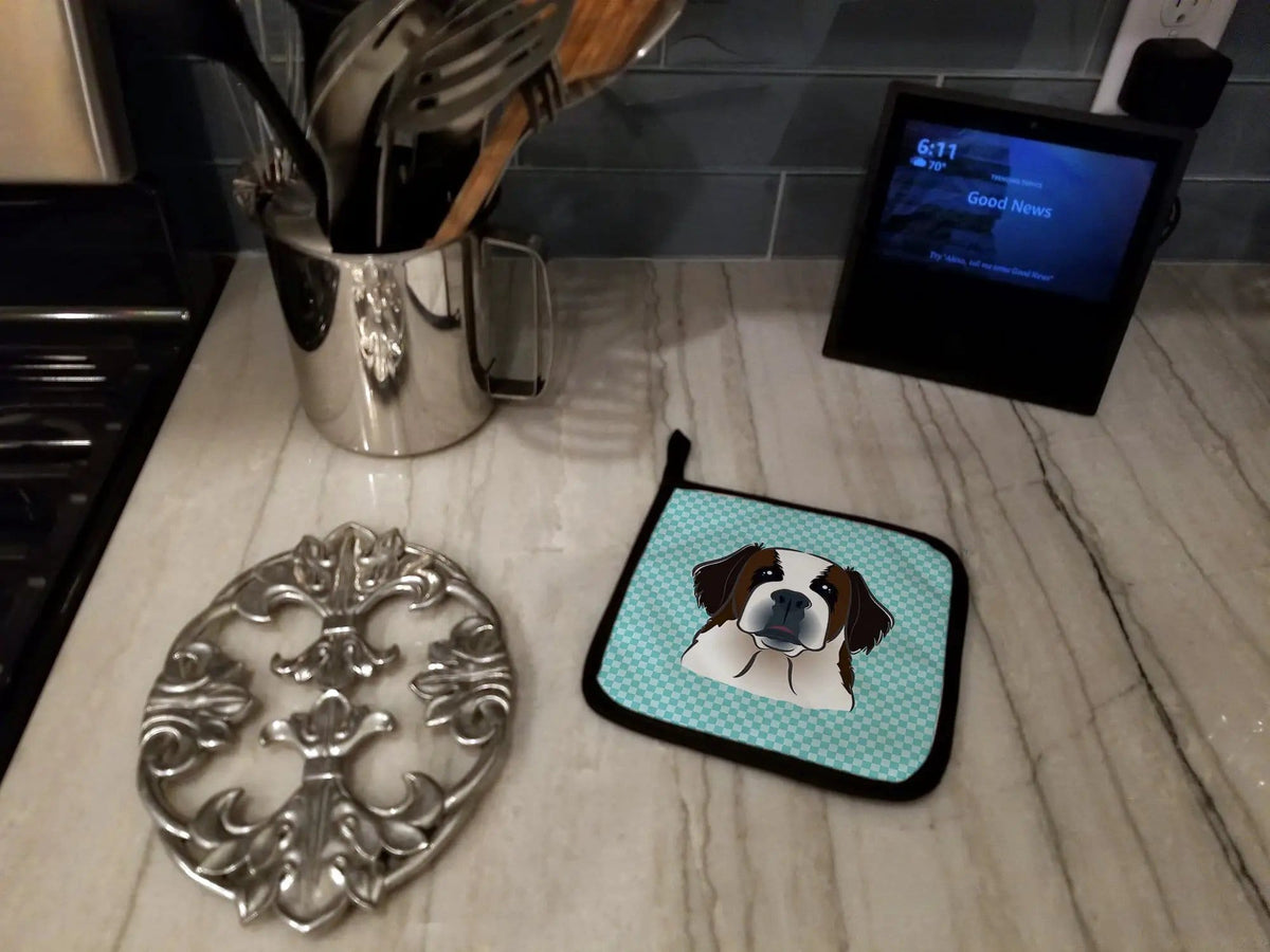 Pot Holder Set of 2 | Heat Resistant Quilted Hot Pads | 7.5 x 7.5 Inch | Checkerboard Blue Saint Bernard