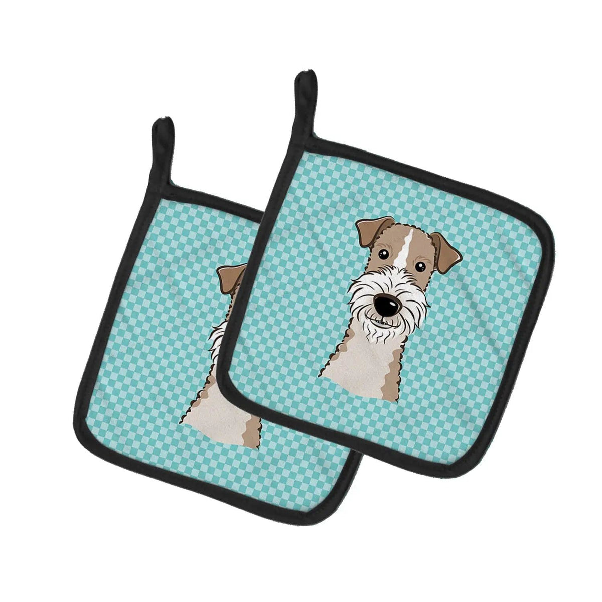 Pot Holder Set of 2 | Heat Resistant Quilted Hot Pads | 7.5 x 7.5 Inch | Checkerboard Blue Wire Haired Fox Terrier