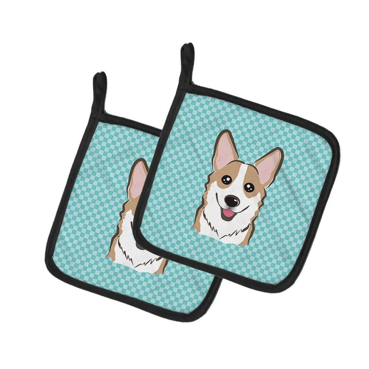 Pot Holder Set of 2 | Heat Resistant Quilted Hot Pads | 7.5 x 7.5 Inch | Checkerboard Blue Corgi