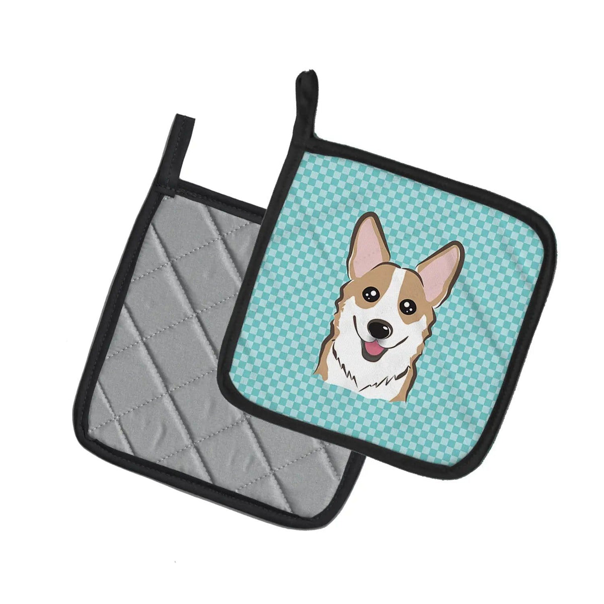 Pot Holder Set of 2 | Heat Resistant Quilted Hot Pads | 7.5 x 7.5 Inch | Checkerboard Blue Corgi