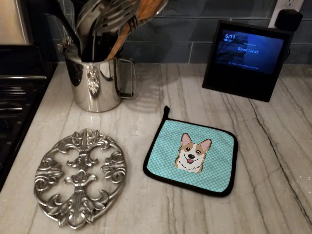 Pot Holder Set of 2 | Heat Resistant Quilted Hot Pads | 7.5 x 7.5 Inch | Checkerboard Blue Corgi