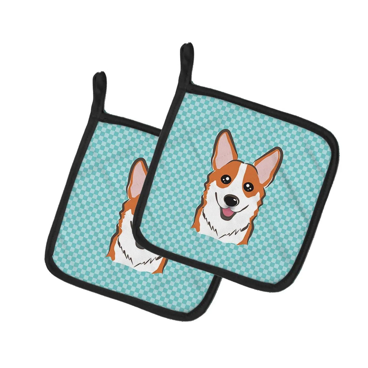 Pot Holder Set of 2 | Heat Resistant Quilted Hot Pads | 7.5 x 7.5 Inch | Checkerboard Blue Corgi (Style 3)