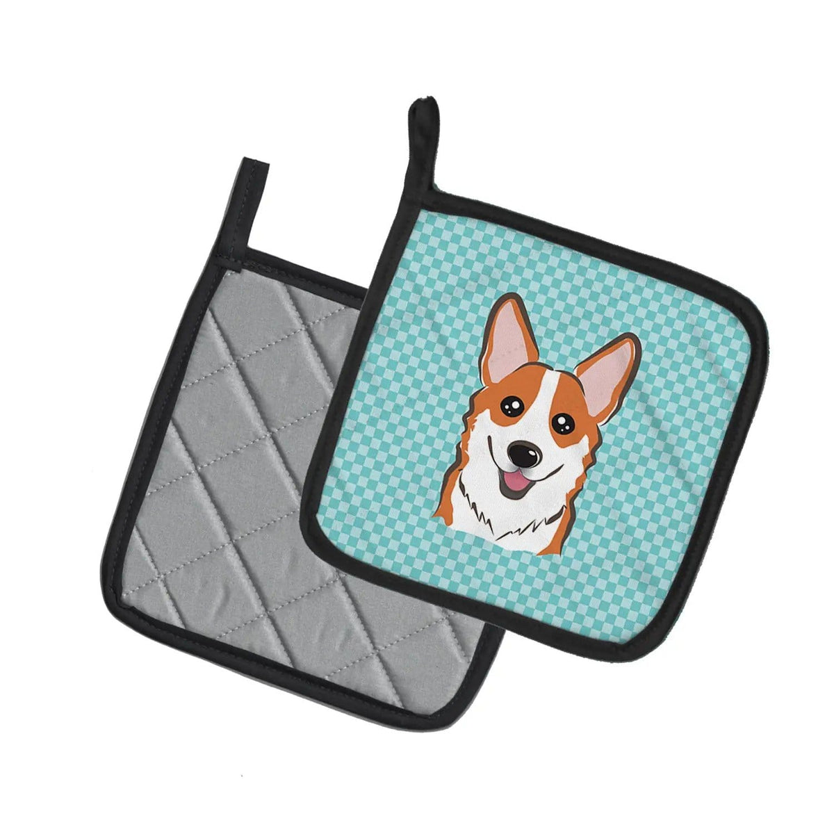Pot Holder Set of 2 | Heat Resistant Quilted Hot Pads | 7.5 x 7.5 Inch | Checkerboard Blue Corgi (Style 3)
