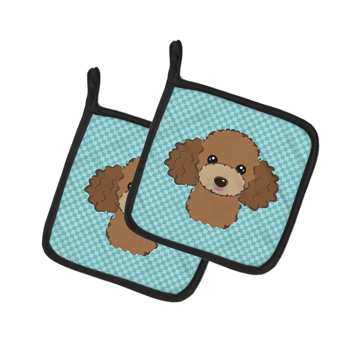 Pot Holder Set of 2 | Heat Resistant Quilted Hot Pads | 7.5 x 7.5 Inch | Checkerboard Blue Chocolate Brown Poodle