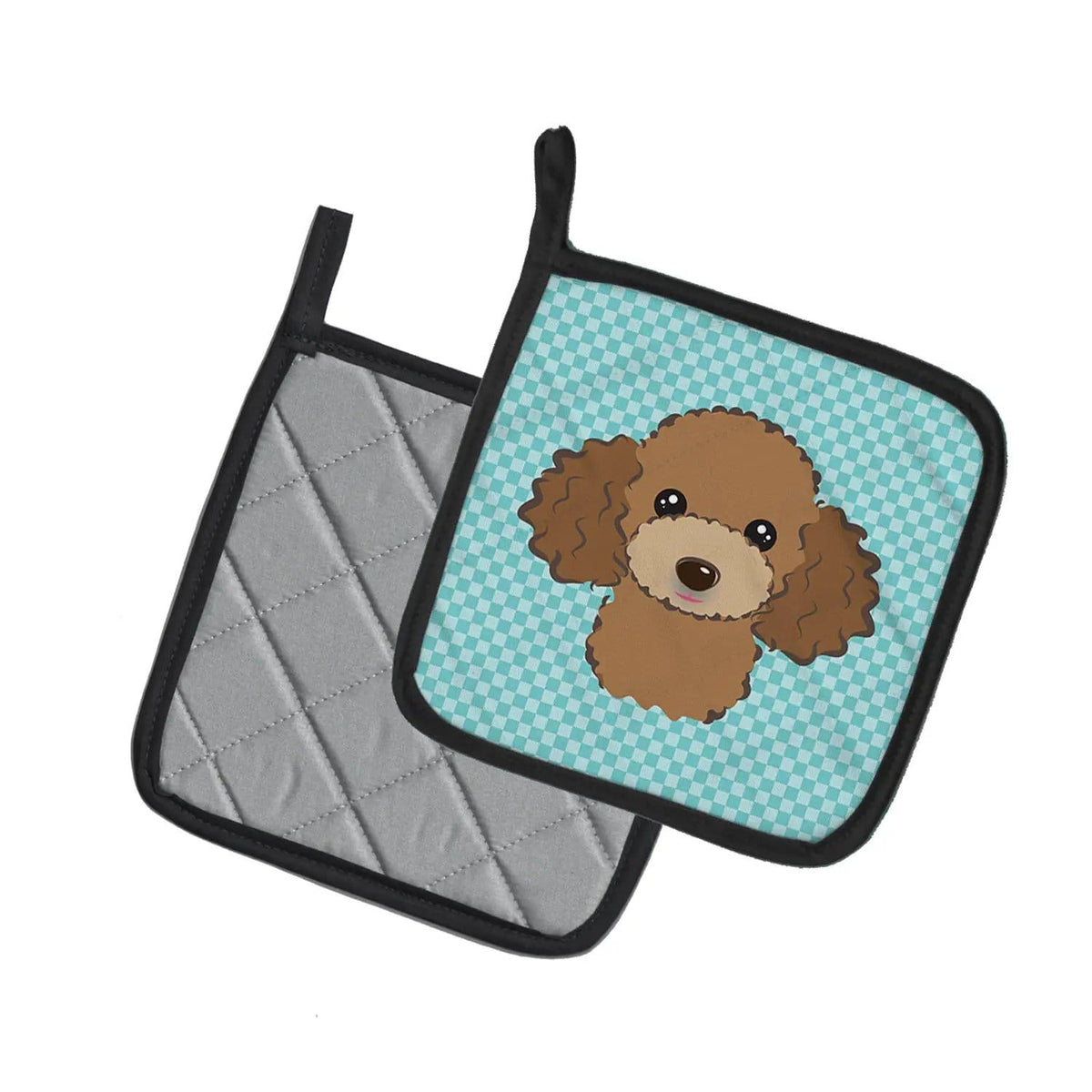 Pot Holder Set of 2 | Heat Resistant Quilted Hot Pads | 7.5 x 7.5 Inch | Checkerboard Blue Chocolate Brown Poodle