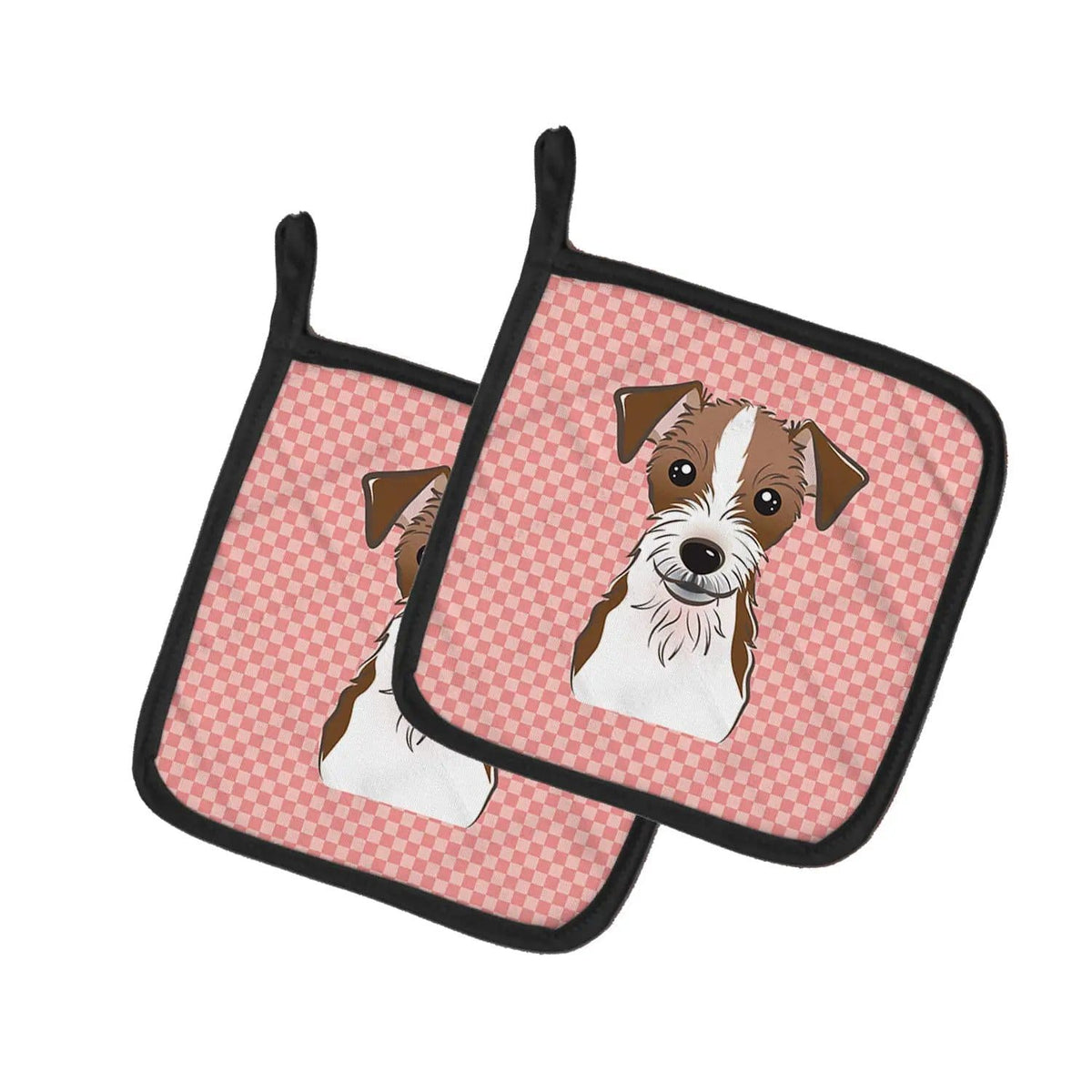 Pot Holder Set of 2 | Heat Resistant Quilted Hot Pads | 7.5 x 7.5 Inch | Checkerboard Pink Jack Russell Terrier