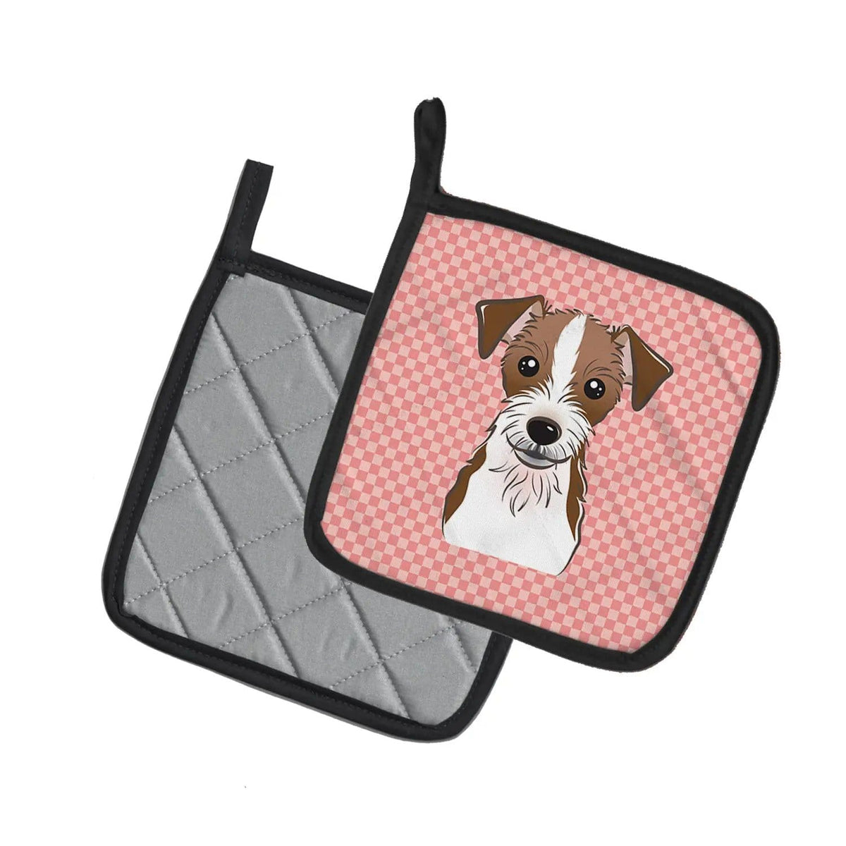 Pot Holder Set of 2 | Heat Resistant Quilted Hot Pads | 7.5 x 7.5 Inch | Checkerboard Pink Jack Russell Terrier