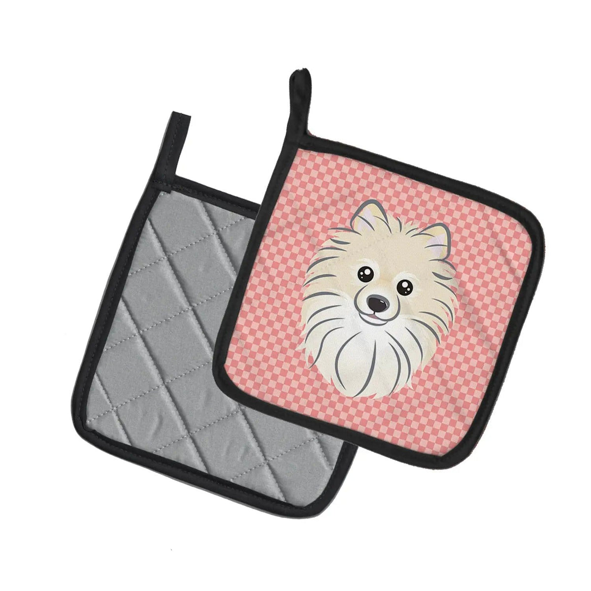Pot Holder Set of 2 | Heat Resistant Quilted Hot Pads | 7.5 x 7.5 Inch | Checkerboard Pink Pomeranian